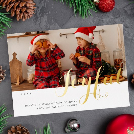モダンスクリプトの楽しいクリスマス家族写真 箔招待状