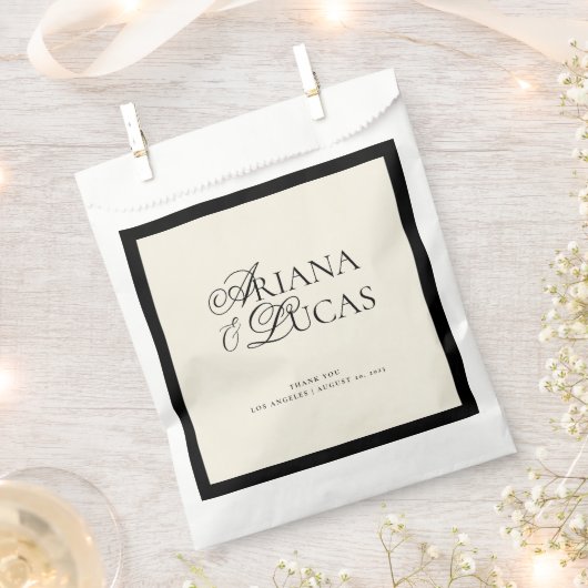 モダンスクリプトの白黒のミニマ結婚リスト フェイバーバッグ (クリップ留めされた状態)