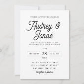 モダンスクリプトの白黒のミニマ結婚リスト 招待状 (正面)