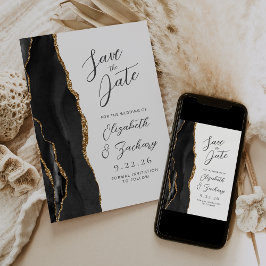 モダンスクリプトの黒と金のアゲートの結婚式 セーブザデート