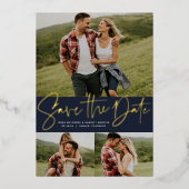 モダンスクリプトの3枚の写真とネイビーの"Save the Date" 箔招待状 (正面)