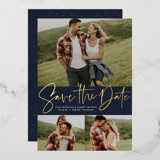 モダンスクリプトの3枚の写真とネイビーの"Save the Date" 箔招待状 (正面/裏面)
