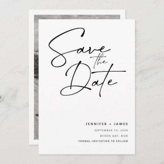 モダンスクリプトのSave the Date 招待状 (正面/裏面)