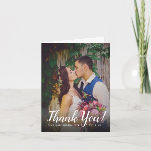 モダンスクリプトオーバーレイ結婚式写真 サンキューカード (正面)