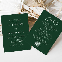 モダンスクリプトグリーンオールインワンQRコード結婚式 招待状