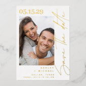 モダンスクリプトタイポグラフィー写真 Save the Date ゴールド 箔招待状 (正面)
