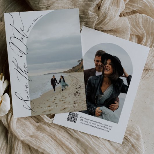 モダンスクリプトタイポグラフィー | QRコード ハーフアーチ写真 セーブザデート