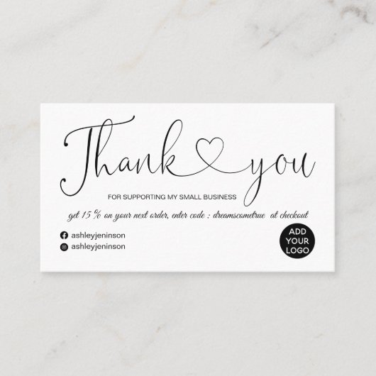 モダンスクリプトハートの白感謝してい順 名刺 (正面)