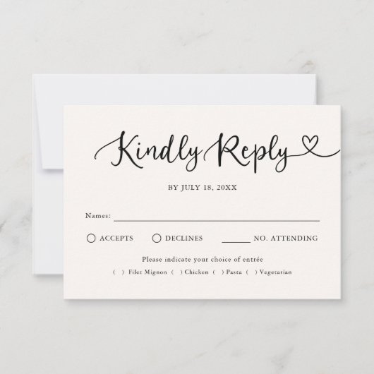 モダンスクリプトハート伝統的な結婚式RSVP 出欠カード (正面)