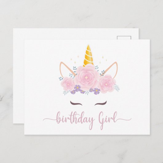モダンスクリプトユニコーンバースデーガール ポストカード (正面/裏面)