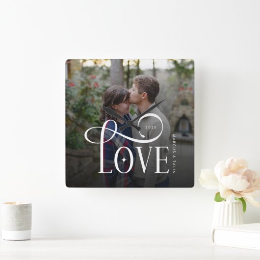 モダンスクリプトラブ オーダーメイド 婚約カップル 写真 スクエア壁時計 (ホーム)