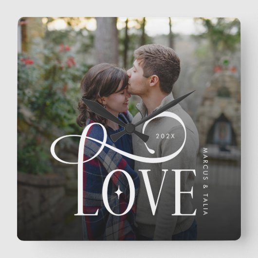 モダンスクリプトラブ オーダーメイド 婚約カップル 写真 スクエア壁時計 (正面)