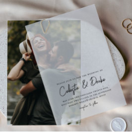 モダンスクリプト写真オーバーレイ結婚式 ベラム紙招待状