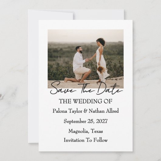 モダンスクリプト写真付きウエディングSave The Date 招待状 (正面)