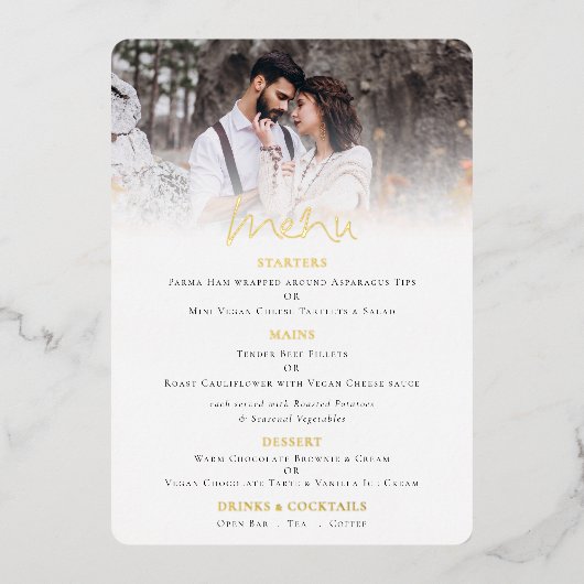 モダンスクリプト写真付き結婚式本物の箔押しメニューカード 箔招待状 (正面)