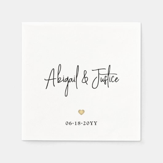 モダンスクリプト名とシンプル金ゴールドハート結婚の スタンダードカクテルナプキン (正面)