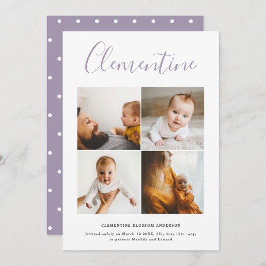 モダンスクリプト名数々の写真水玉模様誕生 案内状 (正面/裏面)