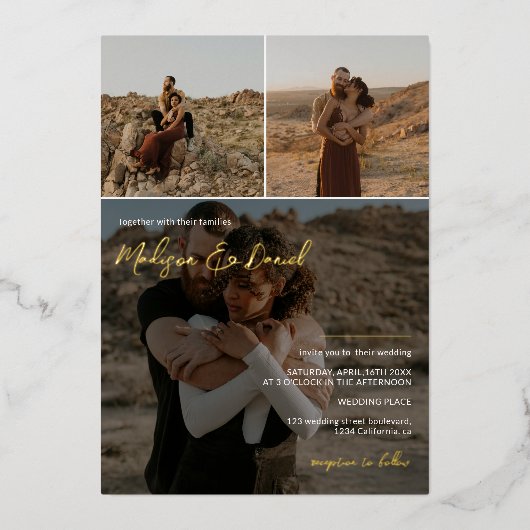 モダンスクリプト名4枚の写真シック結婚s 箔招待状 (正面)
