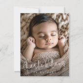 モダンスクリプト新生児感謝してい写真 案内状 (正面)