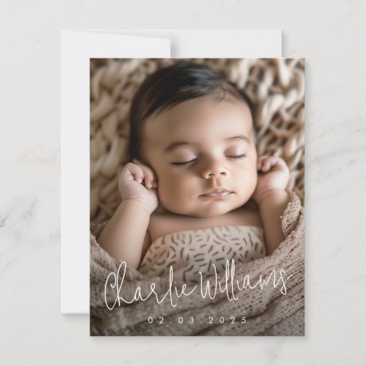 モダンスクリプト新生児感謝してい写真 案内状 (正面)