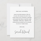 モダンスクリプト新生児感謝してい写真 案内状 (裏面)