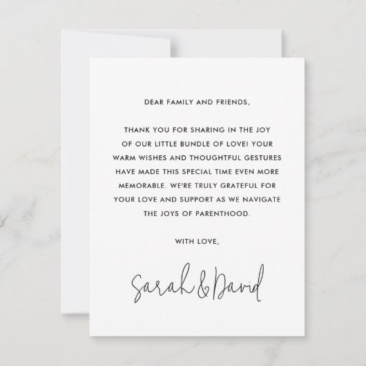 モダンスクリプト新生児感謝してい写真 案内状 (裏面)