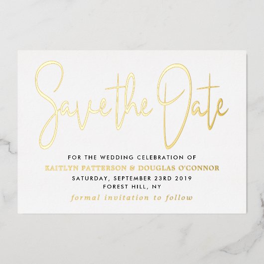 モダンスクリプト日付の保実在存 箔招待状 (正面)