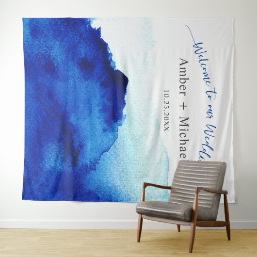 モダンスクリプト水彩インディゴブルー結婚式 タペストリー (インサイチュ(横))