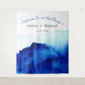 モダンスクリプト水彩インディゴブルー結婚式 タペストリー (正面)