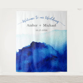 モダンスクリプト水彩インディゴブルー結婚式 タペストリー