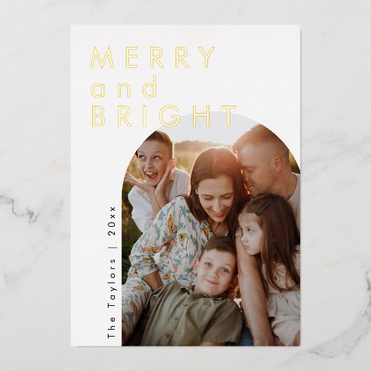 モダンスクリプト箔アーチ写真ファミリーハolidayカード 箔シーズンカード (正面)