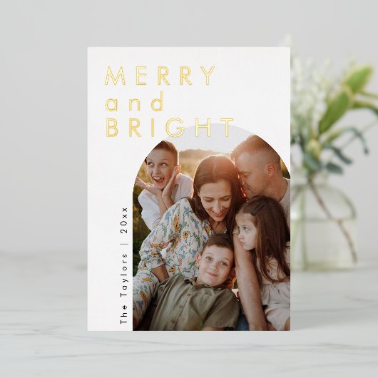 モダンスクリプト箔アーチ写真ファミリーハolidayカード 箔シーズンカード
