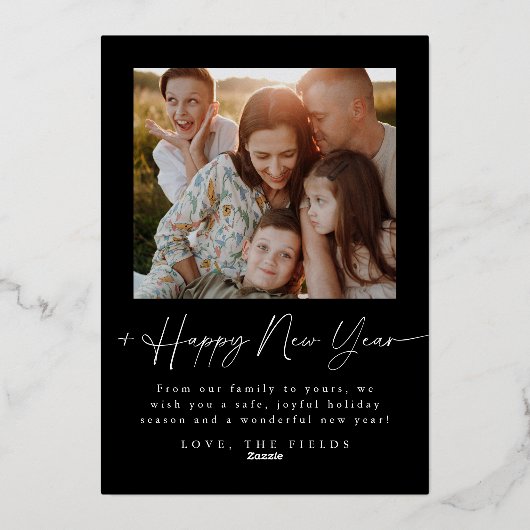 モダンスクリプト箔アーチ写真ファミリーハolidayカード 箔シーズンカード (裏面)