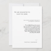 モダンスクリプト結婚式のウェルカムメッセージと行程表の週末 招待状 (正面)