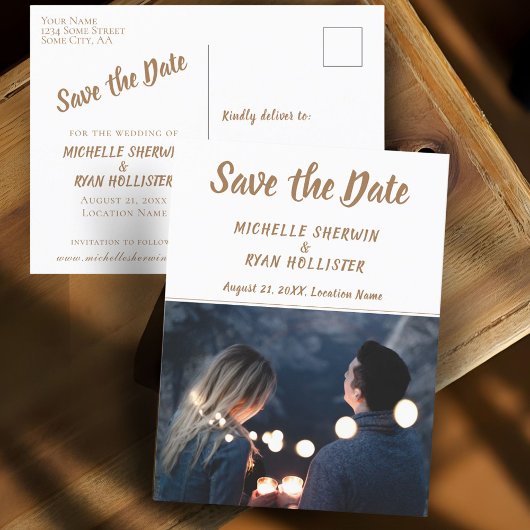 モダンスクリプト結婚式Save the Date フォト 案内ポストカード