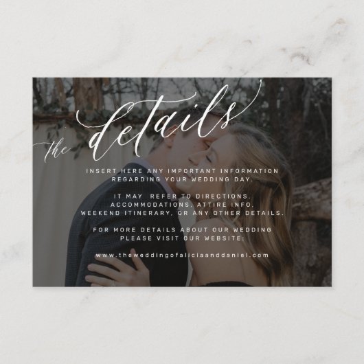 モダンスクリプト黒の色あせ結婚写真の詳細 エンクロージャーカード (正面)