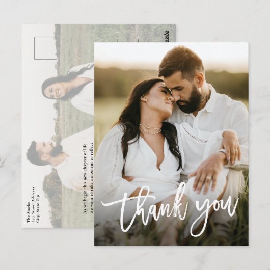 モダンスクリプト2枚の写真の結婚式のお礼 ポストカード (正面/裏面)