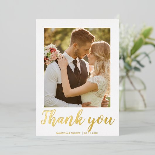 モダンスクリプト2枚の写真 ウェディングサンキューレター 箔招待状 (立ち正面)