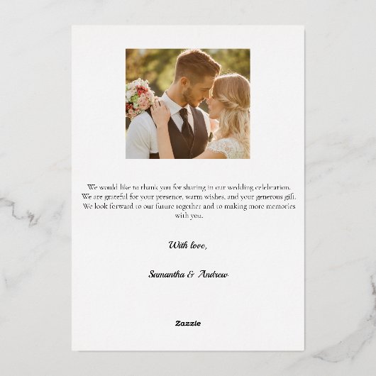 モダンスクリプト2枚の写真 ウェディングサンキューレター 箔招待状 (裏面)