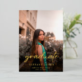 モダンスクリプト2枚の写真 卒業おめでとう発表 箔招待状 (立ち正面)