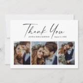 モダンスクリプト3枚の写真の結婚式 サンキューカード (正面)