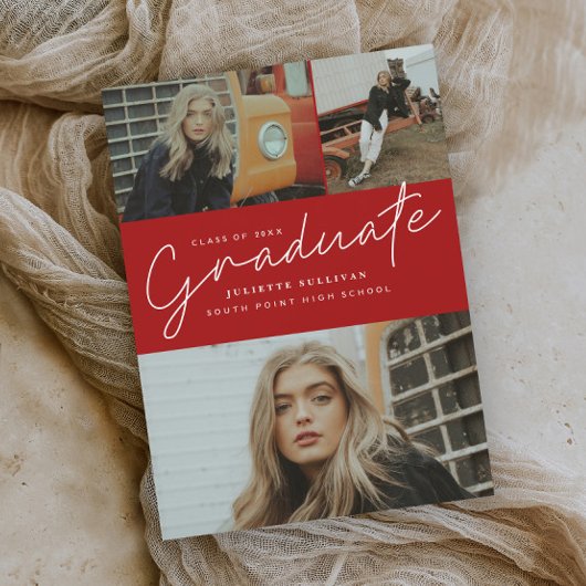 モダンスクリプト3枚の写真コラージュ卒業パーティー 招待状