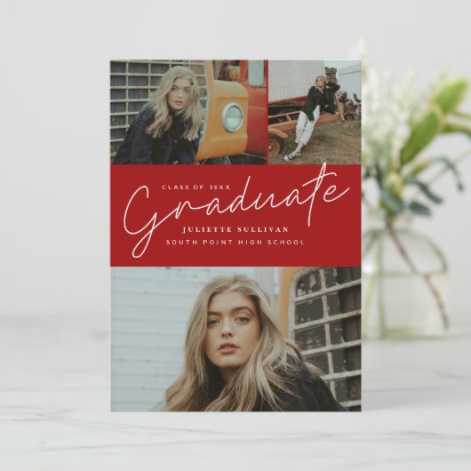 モダンスクリプト3枚の写真コラージュ卒業パーティー 招待状 (スタンド正面)