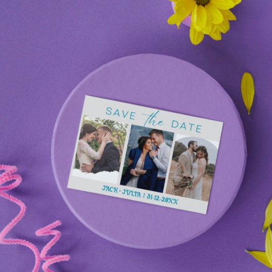 モダンスクリプト3枚の写真テンプレート・結婚式の招待前のお知らせ セーブザデート