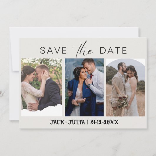 モダンスクリプト3枚の写真テンプレート Save the Date セーブザデート (正面)