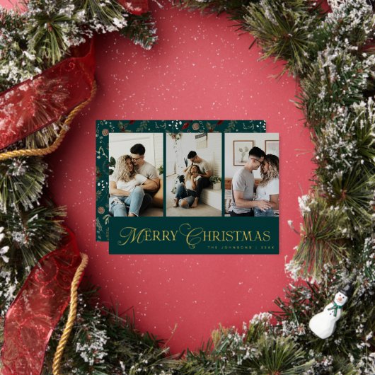 モダンスクリプト3枚フォトコラージュ メリークリスマス 箔シーズンカード (インサイチュ)