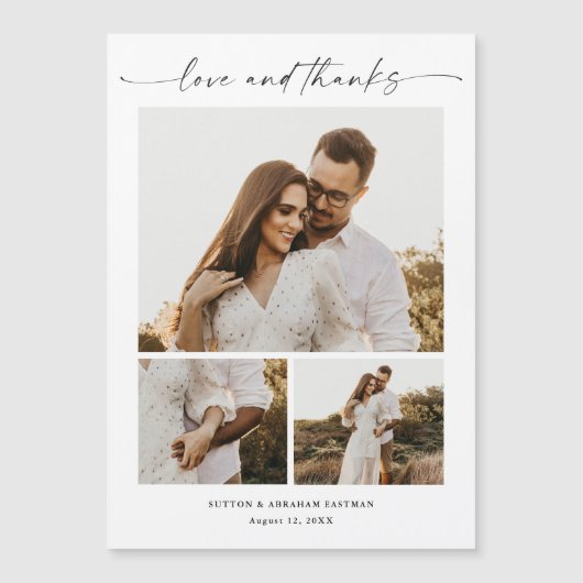 モダンスクリプト3枚写真の結婚式お礼マグネット (正面)
