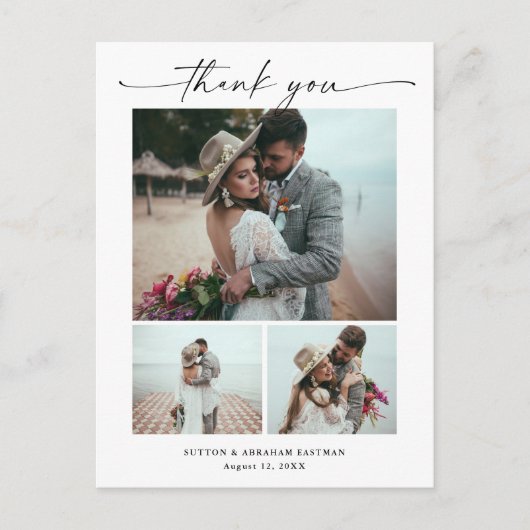 モダンスクリプト3枚写真の結婚式のお礼 ポストカード (正面)
