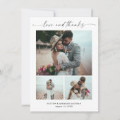 モダンスクリプト3枚写真の結婚式 サンキューカード (正面)