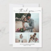 モダンスクリプト3枚写真の結婚式 サンキューカード (正面)